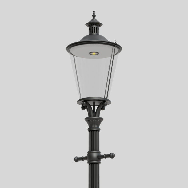 Schwarze klassische Straßenlaterne A1B/03L mit Dach und transparentem Gehäuse, mit sichtbarer einzelner LED-Lichtquelle im Inneren