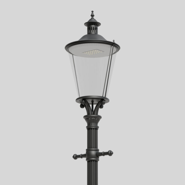 Schwarze klassische Straßenlaterne A1B/03L mit Dach und transparentem Gehäuse, mit sichtbarer einzelner LED-Lichtquelle im Inneren