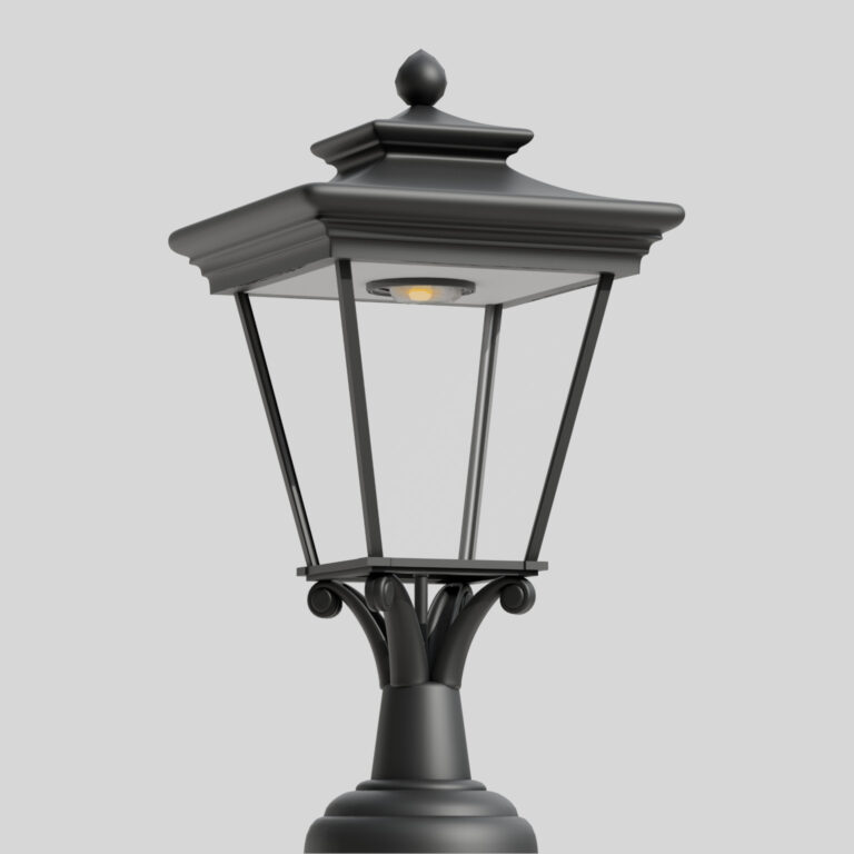 Schwarze klassische Straßenlaterne mit vierflächigem Dach und Glasgehäuse, mit sichtbarer einzelner LED-Lichtquelle im Inneren