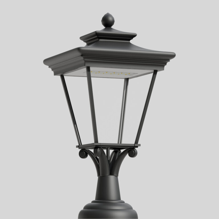 Dekorative Straßenlaterne Modell 10 Opal C mit Zierelementen an Krone und Armen im Retro-Stil, ausgestattet mit einer modernen LED-Lichtquelle. Ansicht von unten vor hellgrauem Hintergrund.