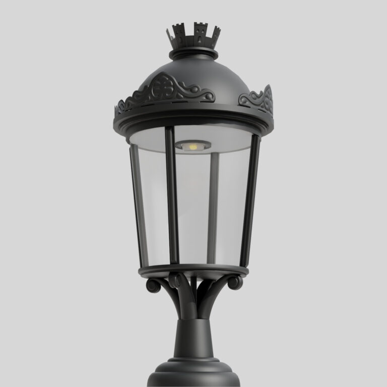Gartenlaterne AM7 im Retro-Stil auf grauem Hintergrund, mit dekorativem Dach und transparenten Scheiben