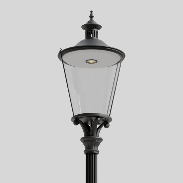 Nahaufnahme einer klassischen schwarzen Straßenlaterne B6/TR im Retro-Stil vor hellem Hintergrund