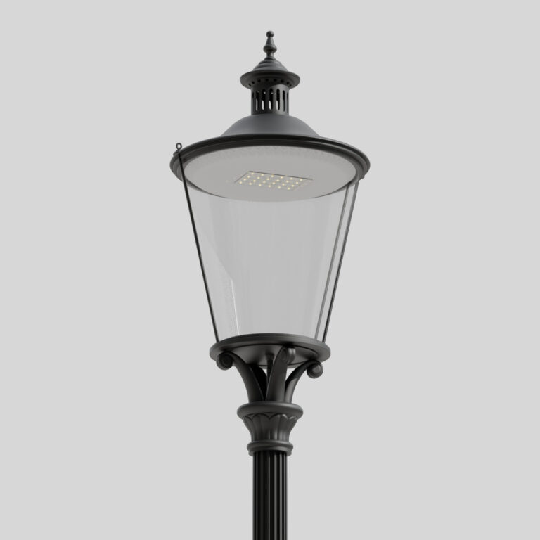 Nahaufnahme einer klassischen schwarzen Straßenlaterne B6/TR im Retro-Stil vor hellem Hintergrund