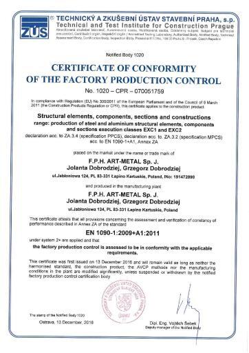 Certyfikat Certifcate Of Conformity Of The Factory Production Control (070-051759_AJ)_I