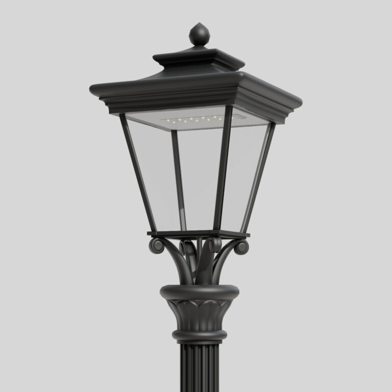 Schwarze klassische Straßenlaterne A6/22M mit vierflächigem Dach und transparentem Gehäuse, mit sichtbarer einzelner LED-Lichtquelle